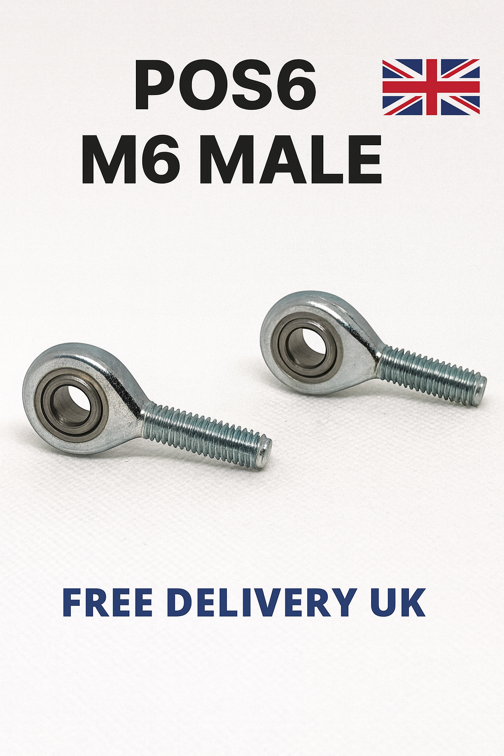SpringFixUK POS6 M6 male rod end bearings with 6mm bore, zinc-plated steel, for mechanical linkages.