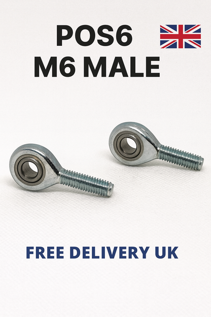 SpringFixUK POS6 M6 male rod end bearings with 6mm bore, zinc-plated steel, for mechanical linkages.