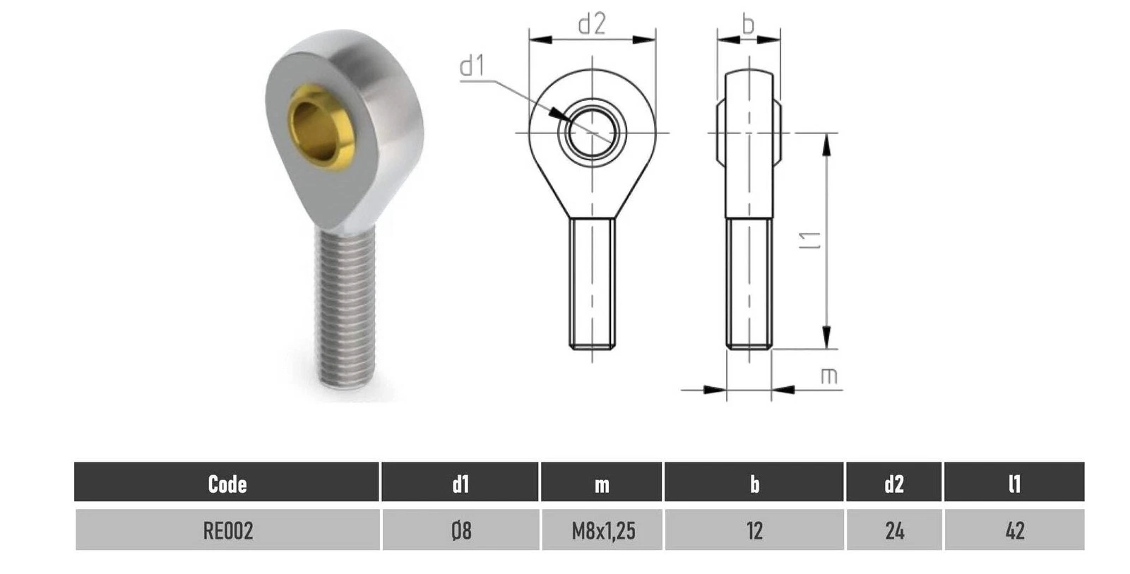 SpringFixUk POS8 M8 male rod end bearing with 8mm bore and right-hand thread, made of steel.