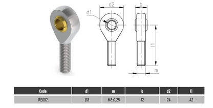 SpringFixUk POS8 M8 male rod end bearing with 8mm bore and right-hand thread, made of steel.