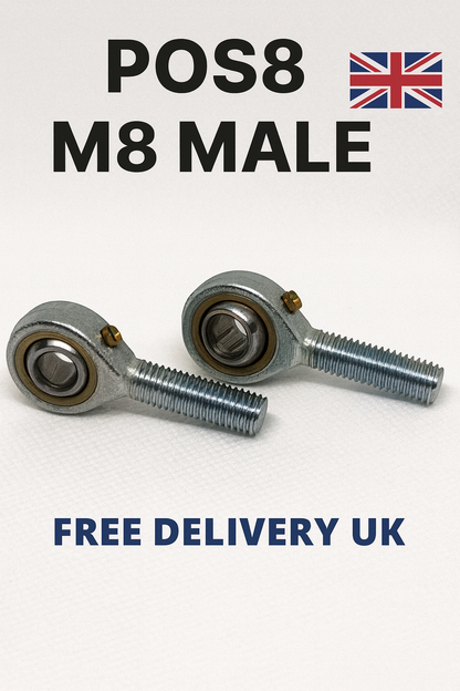 SpringFixUk 2x POS8 M8 male rod end bearings with 8mm bore, heavy duty steel rose joints.