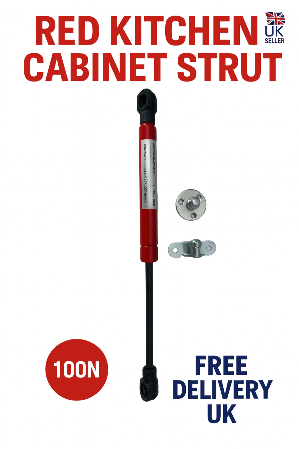 SpringFixUk 100N red soft-close hydraulic gas strut for kitchen cabinets, steel construction, 265mm extended length.