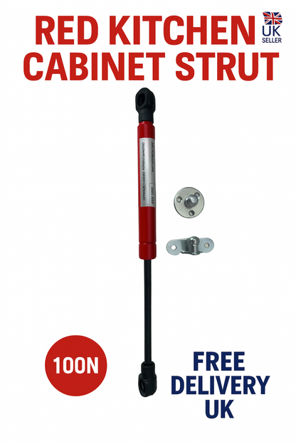 SpringFixUk 100N red soft-close hydraulic gas strut for kitchen cabinets, steel construction, 265mm extended length.