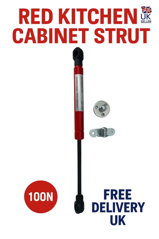 SpringFixUk 100N red soft-close hydraulic gas strut for kitchen cabinets, steel construction, 265mm extended length.