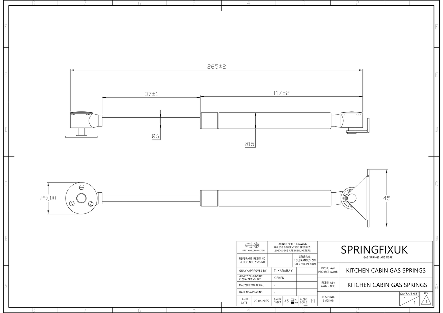 SpringFixUK 100N red soft-close hydraulic gas struts for kitchen cabinets, 265mm extended length, steel with red powder-coated finish.