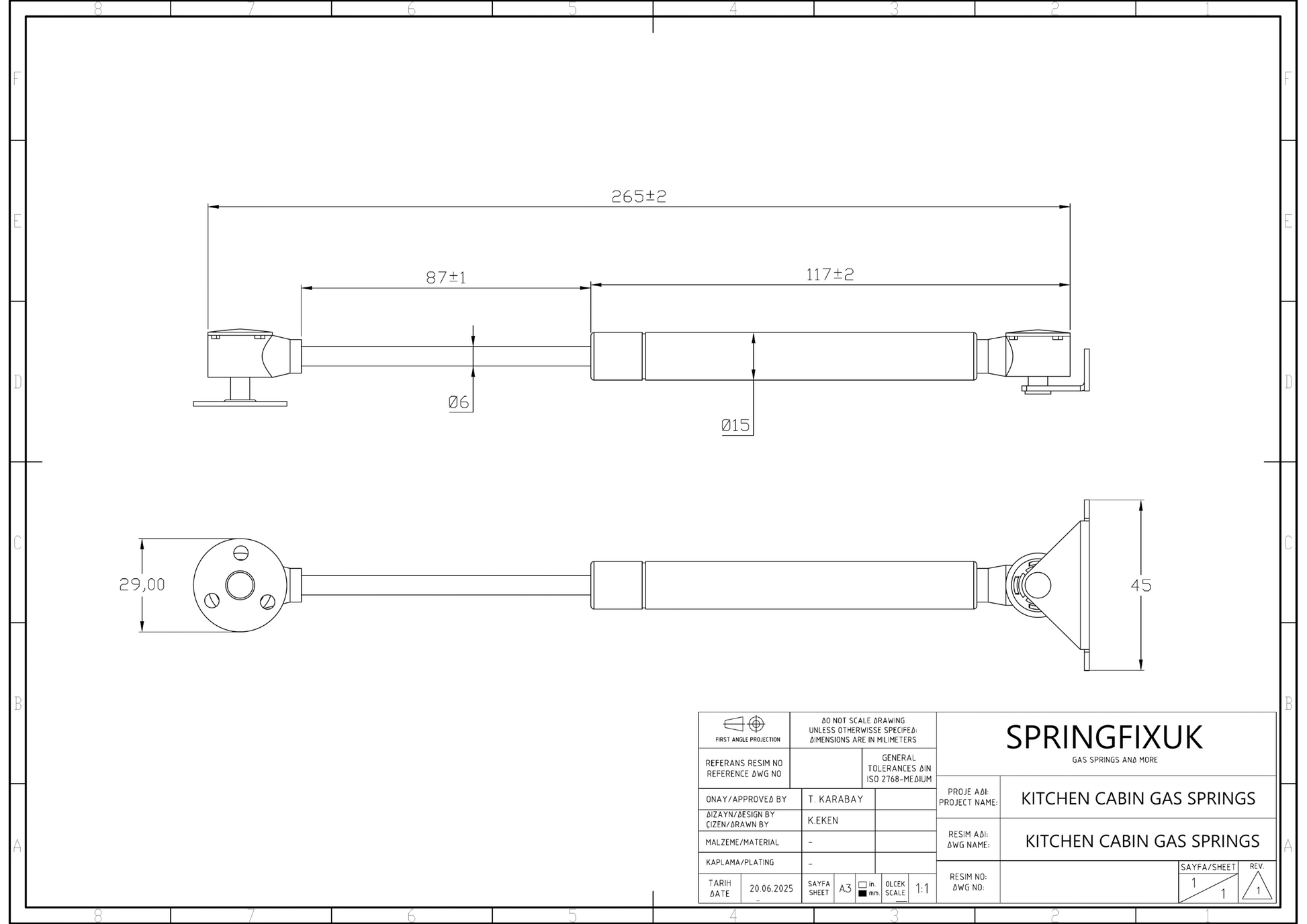 SpringFixUK 100N red soft-close hydraulic gas struts for kitchen cabinets, 265mm extended length, steel with red powder-coated finish.