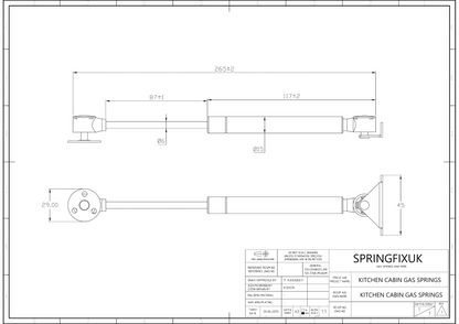 SpringFixUK 100N red soft-close hydraulic gas struts for kitchen cabinets, 265mm extended length, steel with red powder-coated finish.