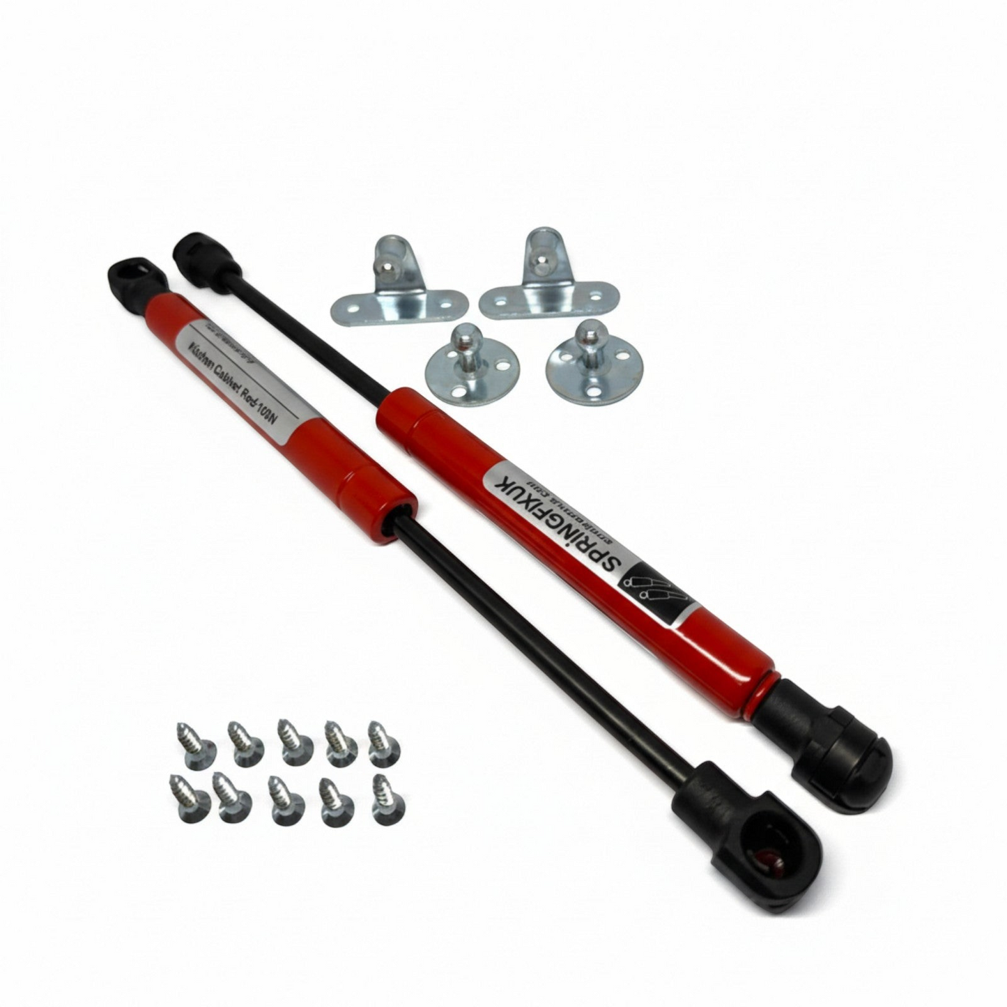 SpringFixUk 100N red soft close hydraulic gas struts for kitchen cabinets, includes mounting brackets and screws.