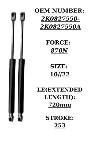 SpringFixUk pair of black steel gas struts for VW Caddy tailgate, 720mm extended length, 870N force.