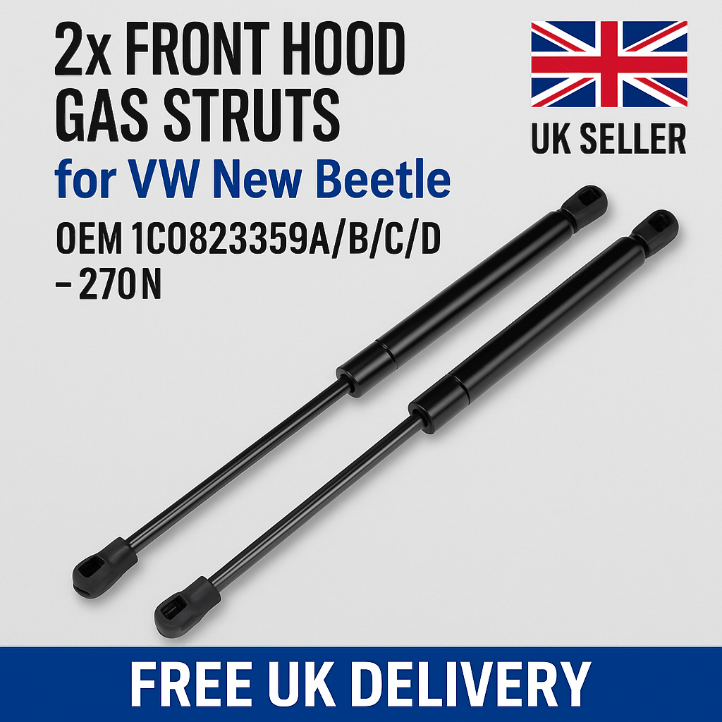 SpringFixUk pair of black gas struts for VW New Beetle bonnet, 270N, 677mm length, OEM compatible.