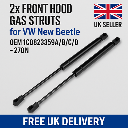 SpringFixUk pair of black gas struts for VW New Beetle bonnet, 270N, 677mm length, OEM compatible.