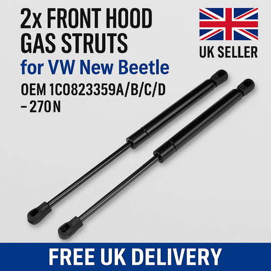 SpringFixUk pair of black gas struts for VW New Beetle bonnet, 270N, 677mm length, OEM compatible.