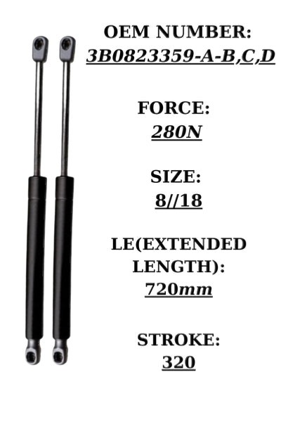 SpringFixUk 2x VW Passat bonnet gas struts, 280N force, 722mm extended length, black steel construction.