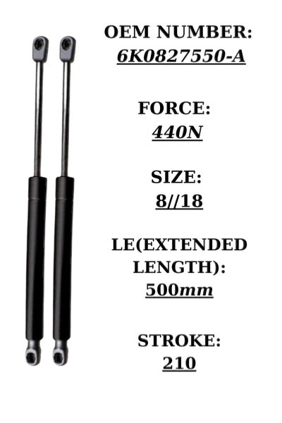SpringFixUk pair of black steel tailgate gas struts for VW Polo CLS SW, 440N force, 500mm extended length.