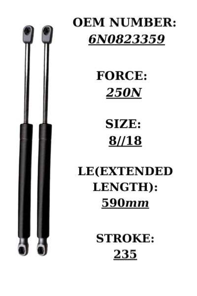 SpringFixUk pair of black steel tailgate gas struts for VW Polo Hatchback, 590mm extended length, 250N force, OEM 6N0823359.