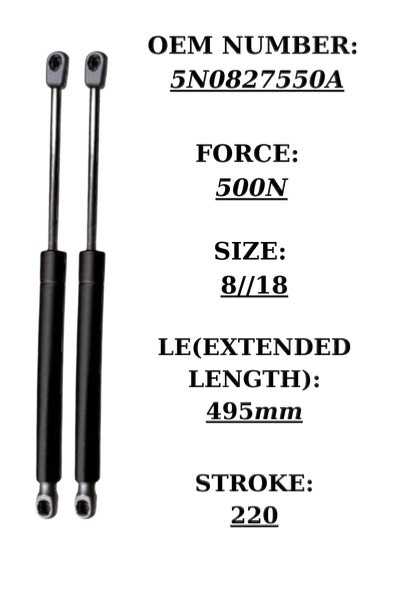 SpringFixUk pair of black steel tailgate gas struts for VW Tiguan 2007-2016, 500N force, 495mm extended length.