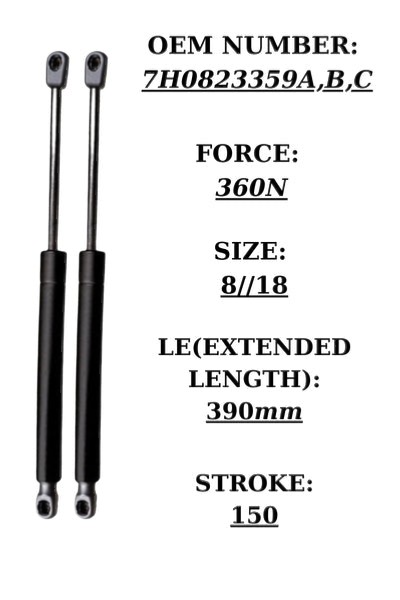 SpringFixUk 2x black steel gas struts for VW Transporter T5 bonnet, 360N force, OEM 7H0823359A-C.
