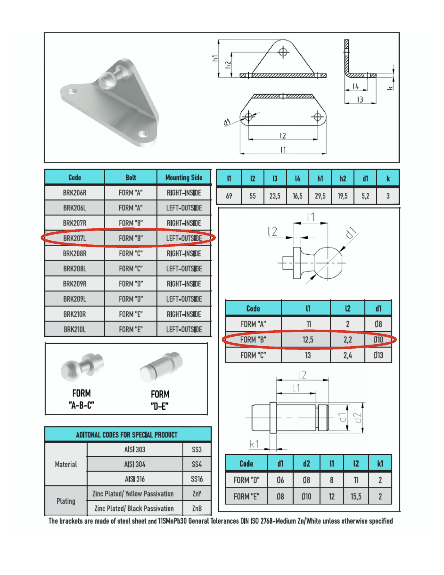 SpringFixUk 2x heavy-duty zinc-plated steel gas strut brackets with 10mm ball stud, left mount.