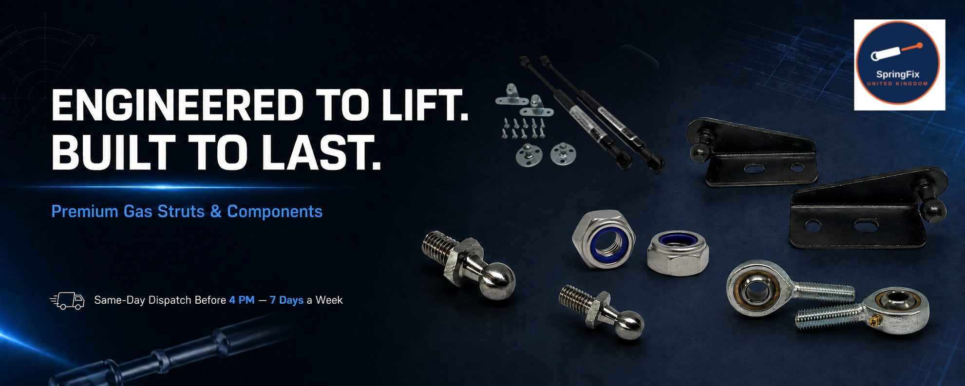 SpringFixUk gas struts, brackets, ball studs and engineering hardware – same-day UK dispatch
