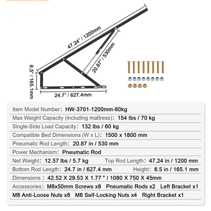 1200mm ottoman bed lift mechanism dimensions – 627.4mm bottom rail, 165.1mm height, 530mm gas strut, 70kg capacity