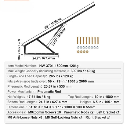 1500mm ottoman bed lift mechanism dimensions – 627.4mm bottom rail, 165.1mm height, 530mm gas strut, 140kg capacity