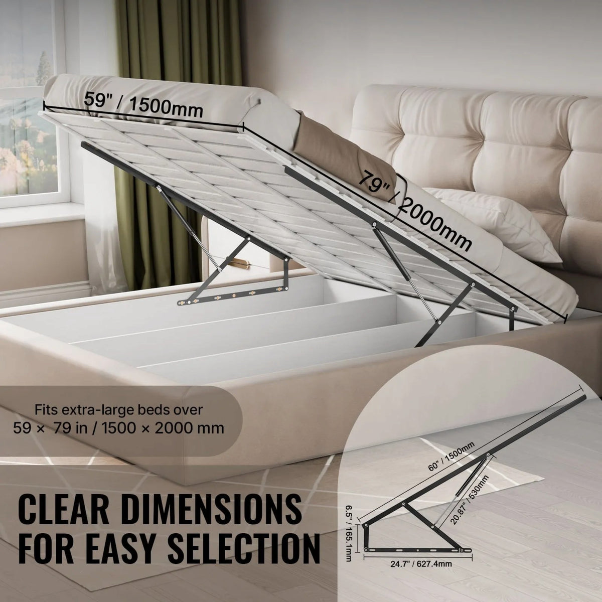 1500mm ottoman bed lift mechanism fitted to a king size foot-end opening storage bed, 1500 x 2000mm