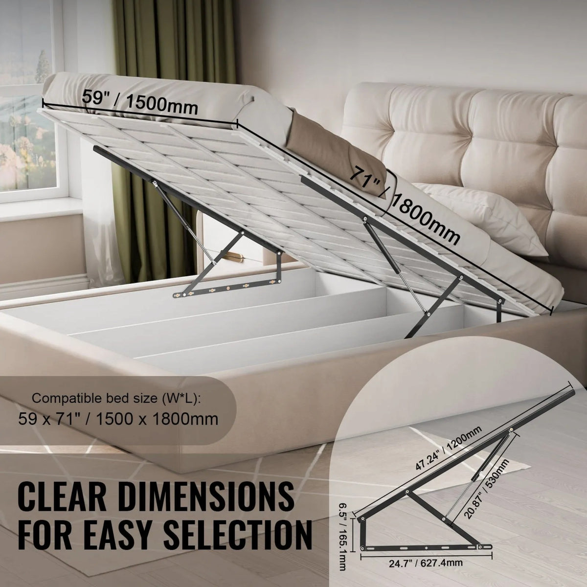 1200mm ottoman bed lift mechanism fitted to a foot-end opening storage bed, approx. 1500 x 1800mm platform